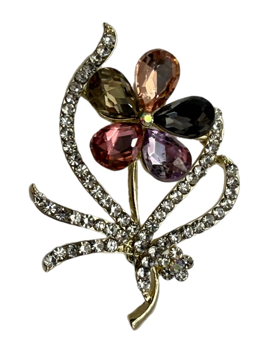 Source Unknown Multicolor Crystal Floral‎ Brooch with Gold Tone Accents